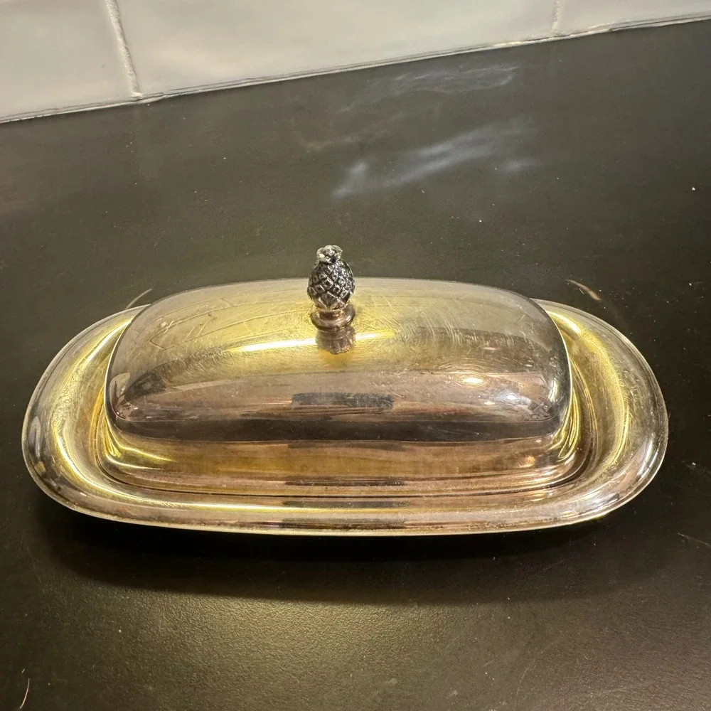 Vintage Pineapple Finial Butter Dish Silver Plated Glass Insert Silver Regency
